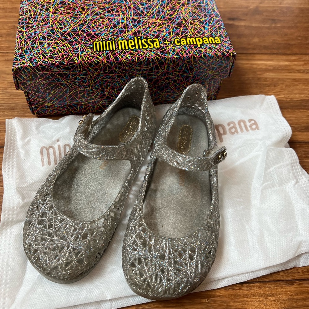 Mini Melissa + campana zigzag sliver glitter Mary Jane Flat size 10